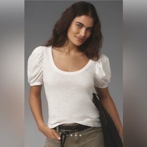 Anthropologie White Puff Sleeve Scoop Neck Tee Top